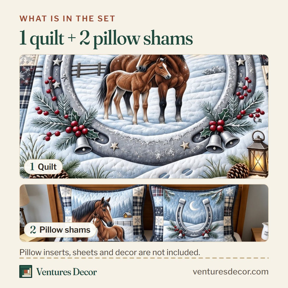 What is in the set: one quilt and two pillow shams, shown in the Winter Horse design