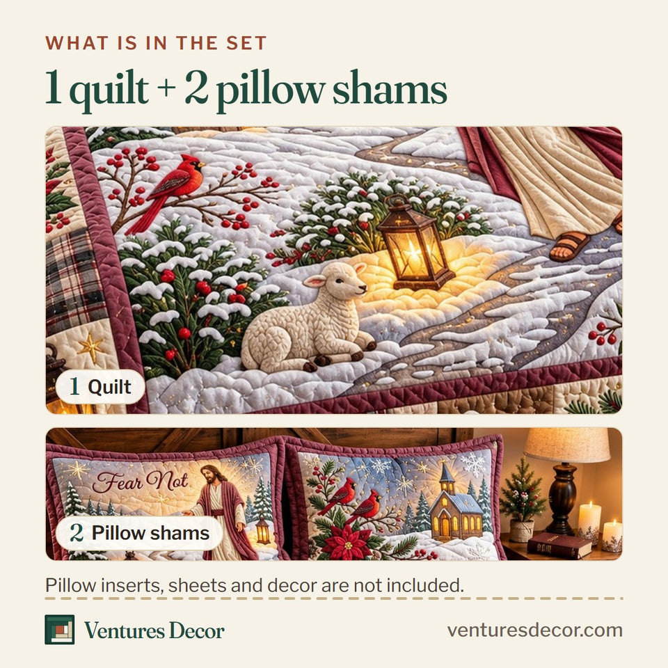 What is in the set: one quilt and two pillow shams, shown in the Christian Winter Jesus Quilt Set, 3-Piece Quilted Bedding with 2 Pillow Shams design