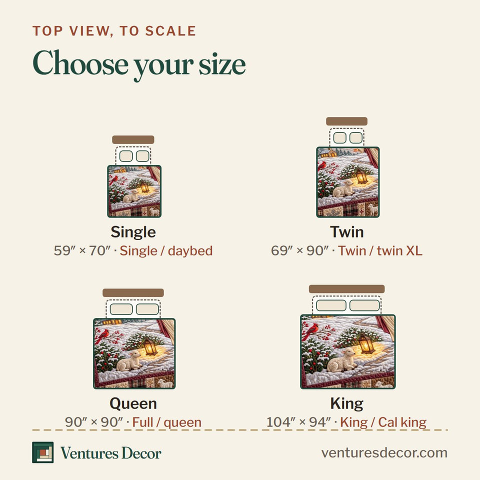 Size guide for the Christian Winter Jesus Quilt Set, 3-Piece Quilted Bedding with 2 Pillow Shams quilt, top view to scale: Single 59 x 70 in, Twin 69 x 90 in, Queen 90 x 90 in, King 104 x 94 in