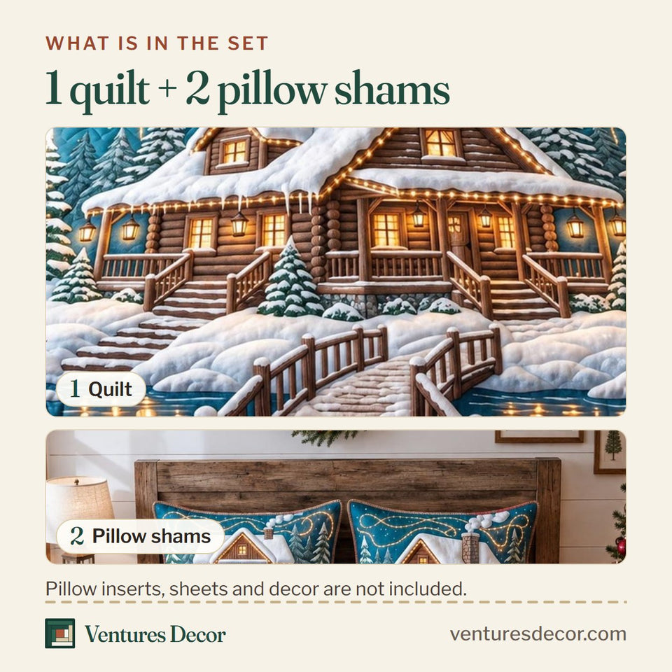 What is in the set: one quilt and two pillow shams, shown in the Winter Lodge Glow design