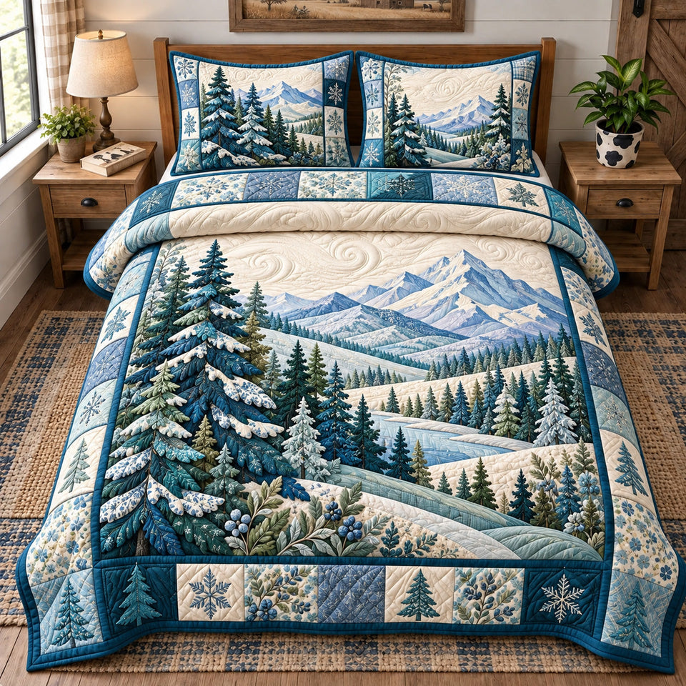 Winter Mountain quilted bedding set, quilt and two pillow shams on a made bed