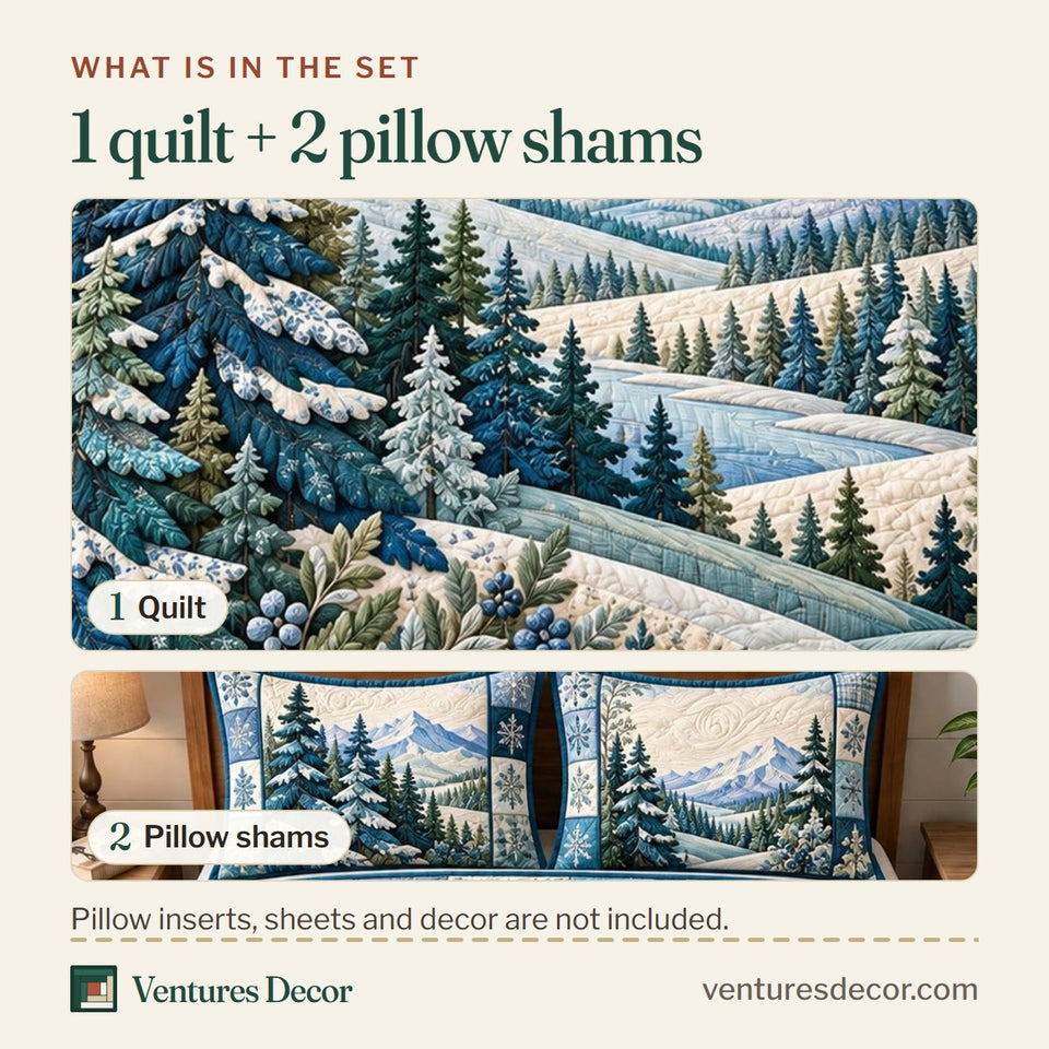 What is in the set: one quilt and two pillow shams, shown in the Winter Mountain Quilt Set, 3-Piece Quilted Bedding with 2 Pillow Shams design
