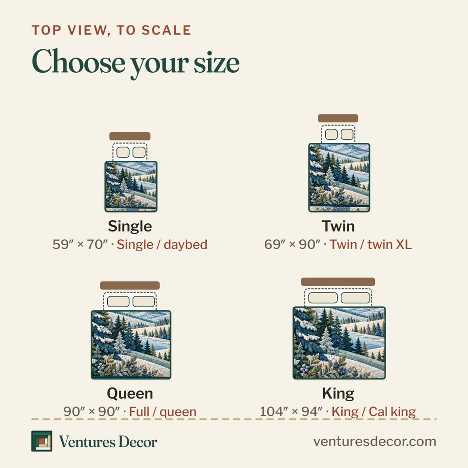Size guide for the Winter Mountain Quilt Set, 3-Piece Quilted Bedding with 2 Pillow Shams quilt, top view to scale: Single 59 x 70 in, Twin 69 x 90 in, Queen 90 x 90 in, King 104 x 94 in