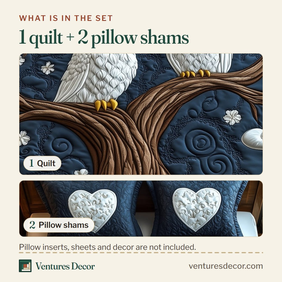 What is in the set: one quilt and two pillow shams, shown in the Winter Owl Couple design