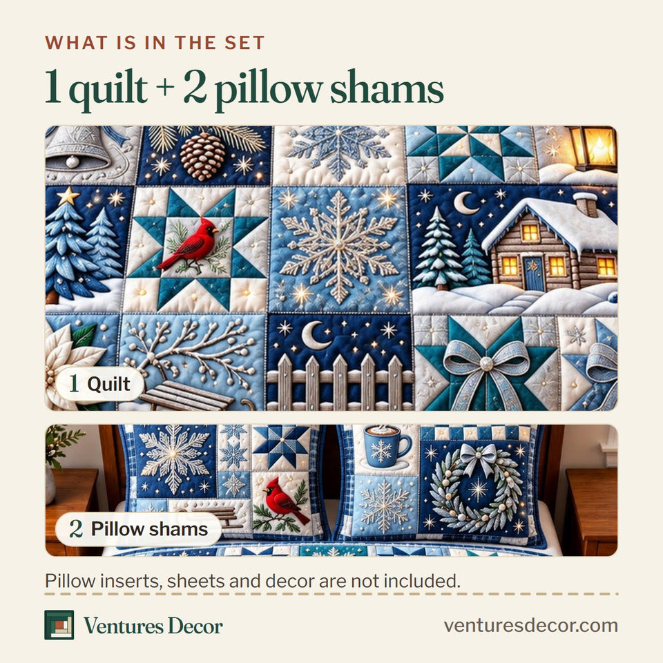 What is in the set: one quilt and two pillow shams, shown in the Winter Patchwork design