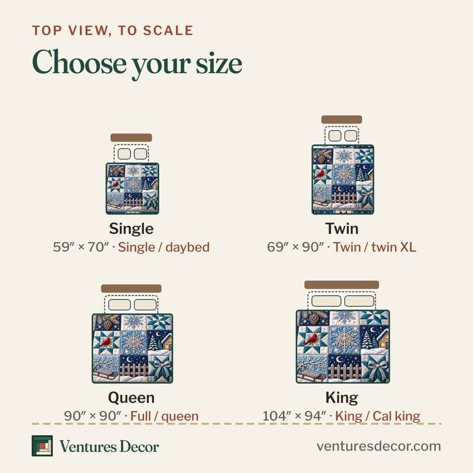 Size guide for the Winter Patchwork quilt, top view to scale: Single 59 x 70 in, Twin 69 x 90 in, Queen 90 x 90 in, King 104 x 94 in