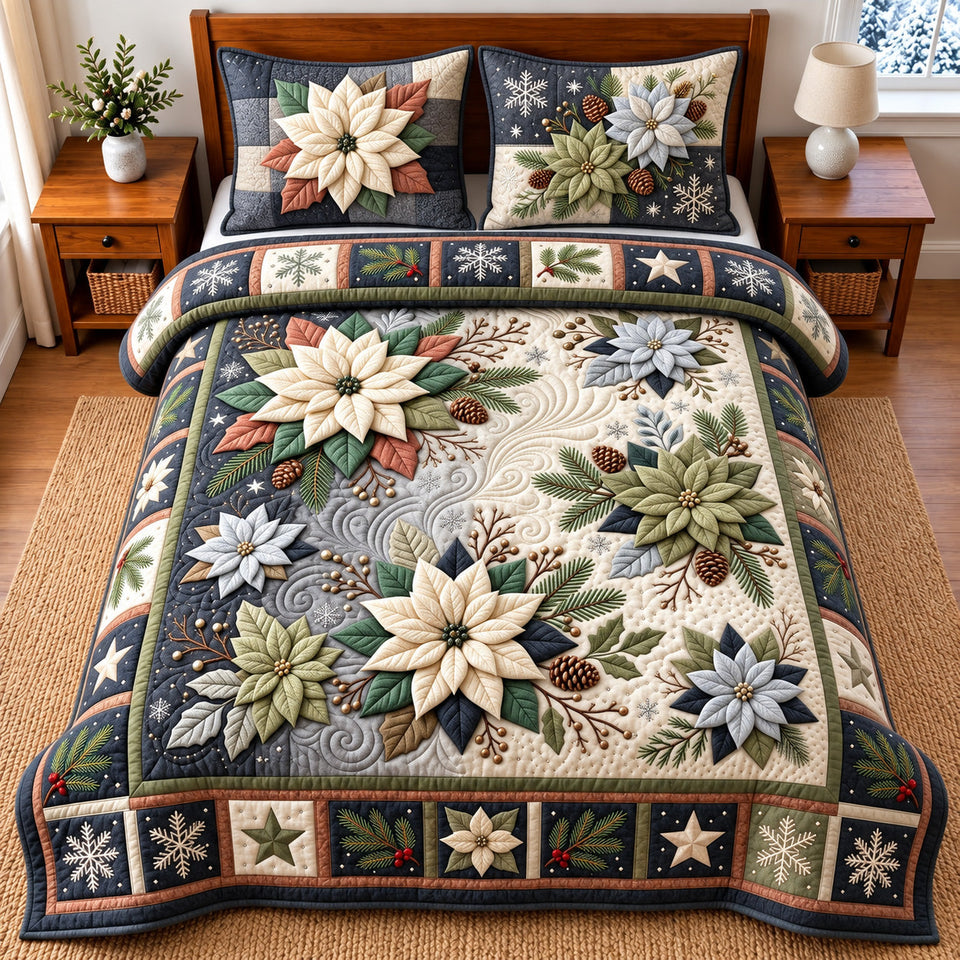 Winter Poinsettia quilted bedding set, quilt and two pillow shams on a made bed