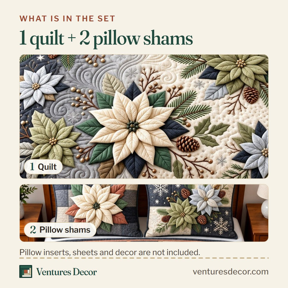 What is in the set: one quilt and two pillow shams, shown in the Christmas Winter Poinsettia Quilt Set, 3-Piece Quilted Bedding with 2 Pillow Shams design