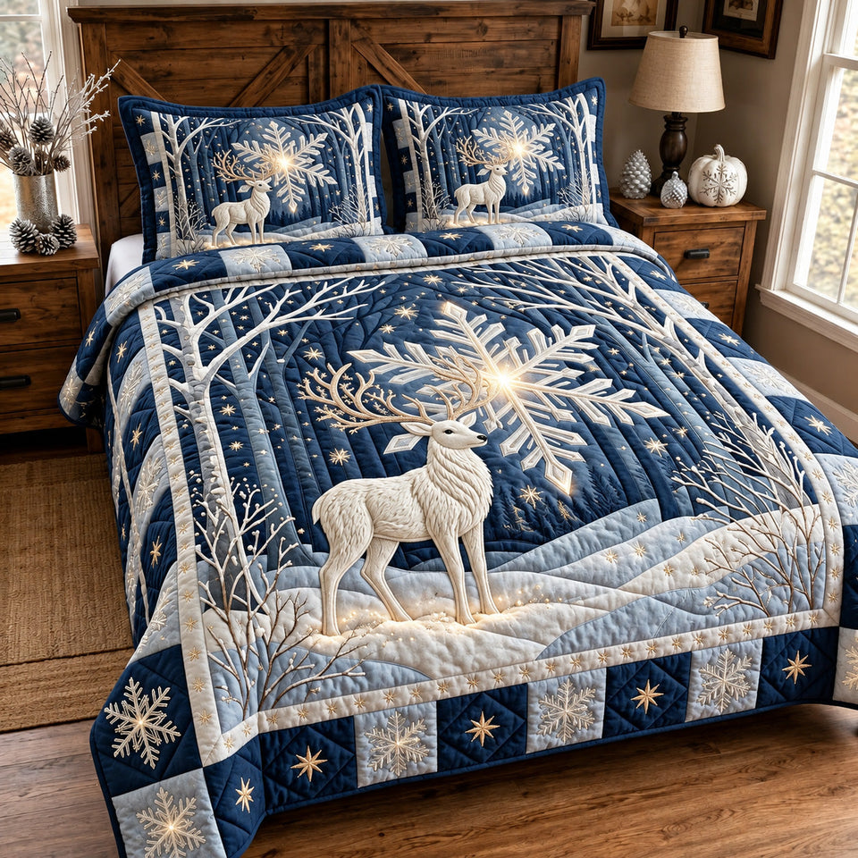 Winter Reindeer quilted bedding set, quilt and two pillow shams on a made bed