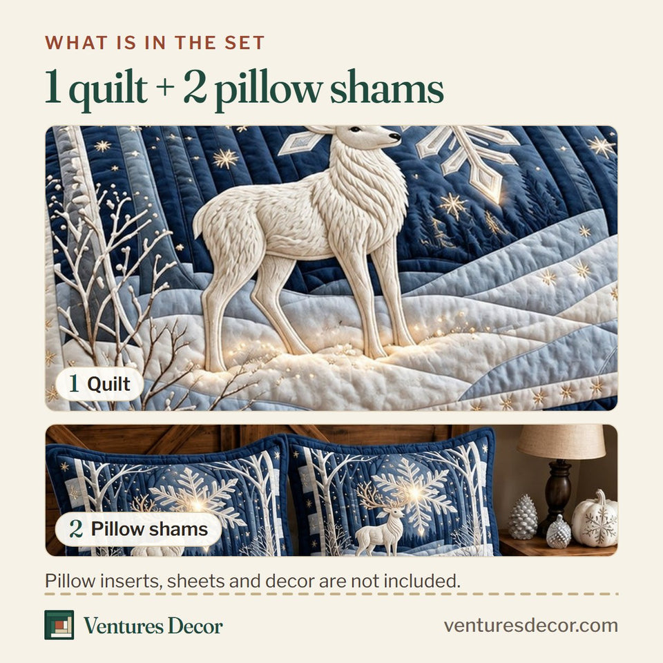 What is in the set: one quilt and two pillow shams, shown in the Christmas Winter Reindeer Quilt Set, 3-Piece Quilted Bedding with 2 Pillow Shams design
