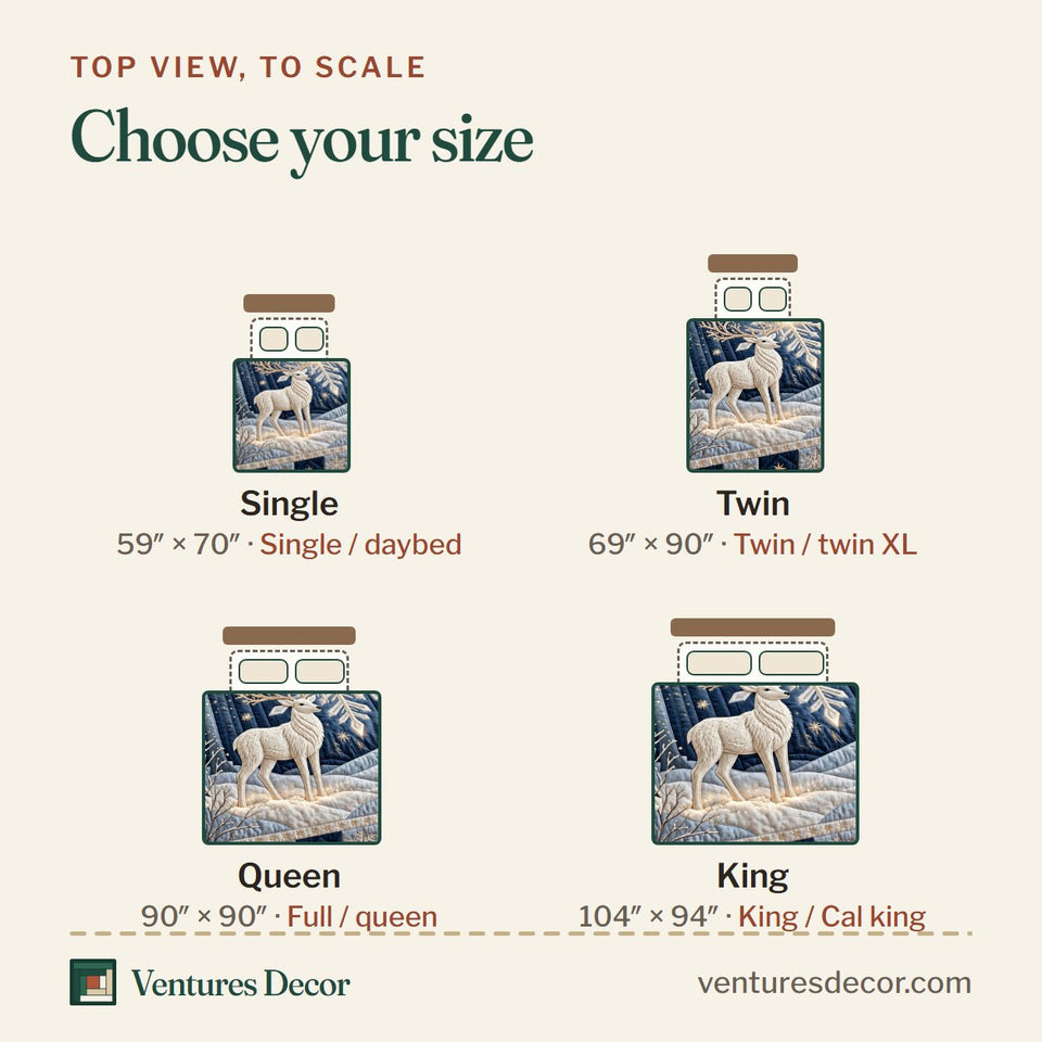 Size guide for the Christmas Winter Reindeer Quilt Set, 3-Piece Quilted Bedding with 2 Pillow Shams quilt, top view to scale: Single 59 x 70 in, Twin 69 x 90 in, Queen 90 x 90 in, King 104 x 94 in