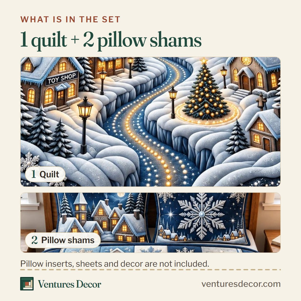 What is in the set: one quilt and two pillow shams, shown in the Winter River Village design