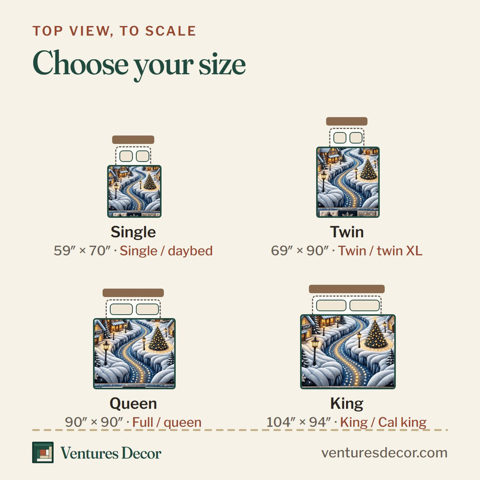 Size guide for the Winter River Village quilt, top view to scale: Single 59 x 70 in, Twin 69 x 90 in, Queen 90 x 90 in, King 104 x 94 in