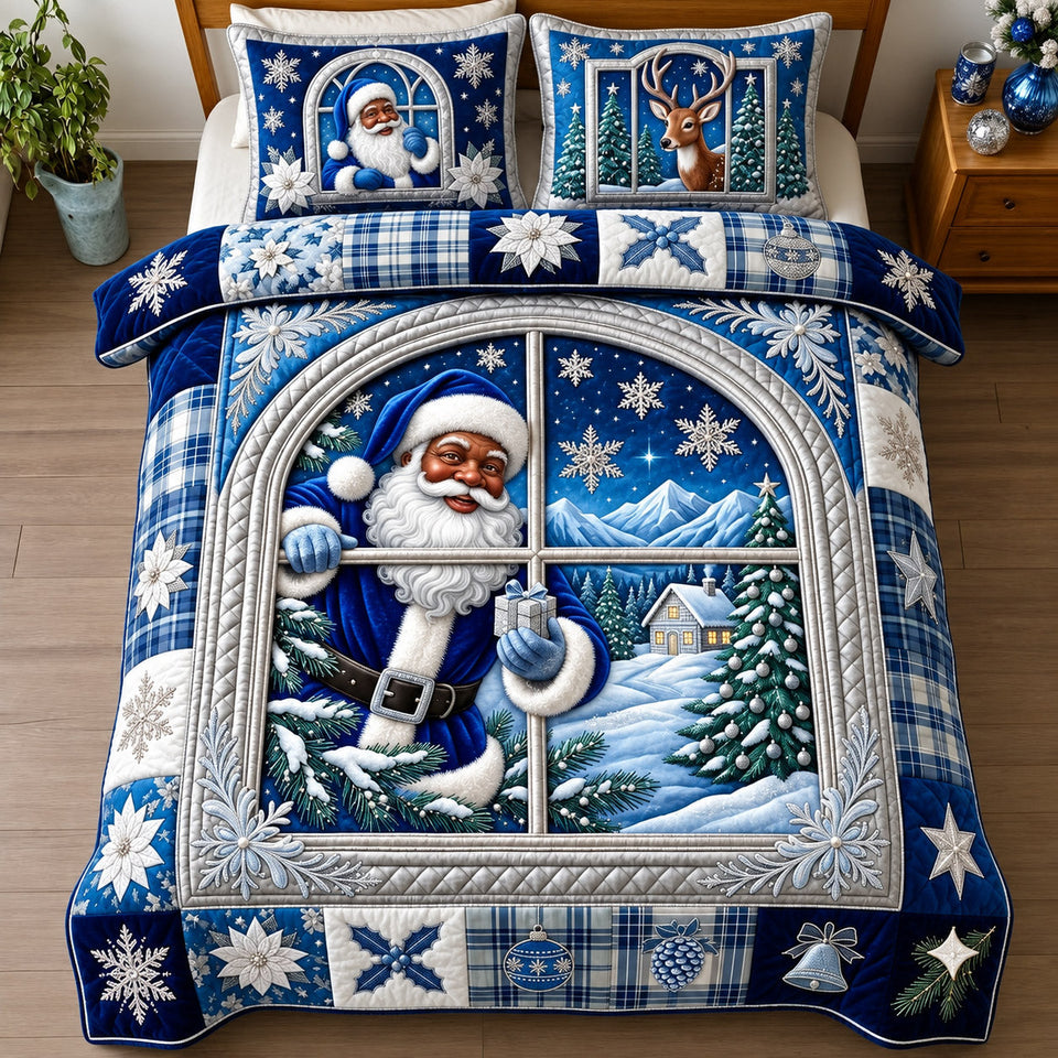 Winter Santa quilted bedding set, quilt and two pillow shams on a made bed