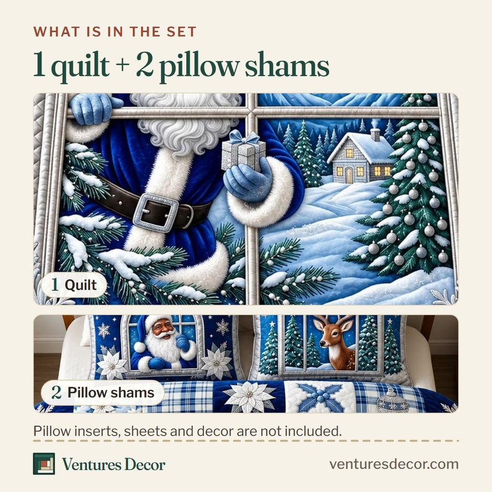What is in the set: one quilt and two pillow shams, shown in the Christmas Winter Santa Quilt Set, 3-Piece Quilted Bedding with 2 Pillow Shams design