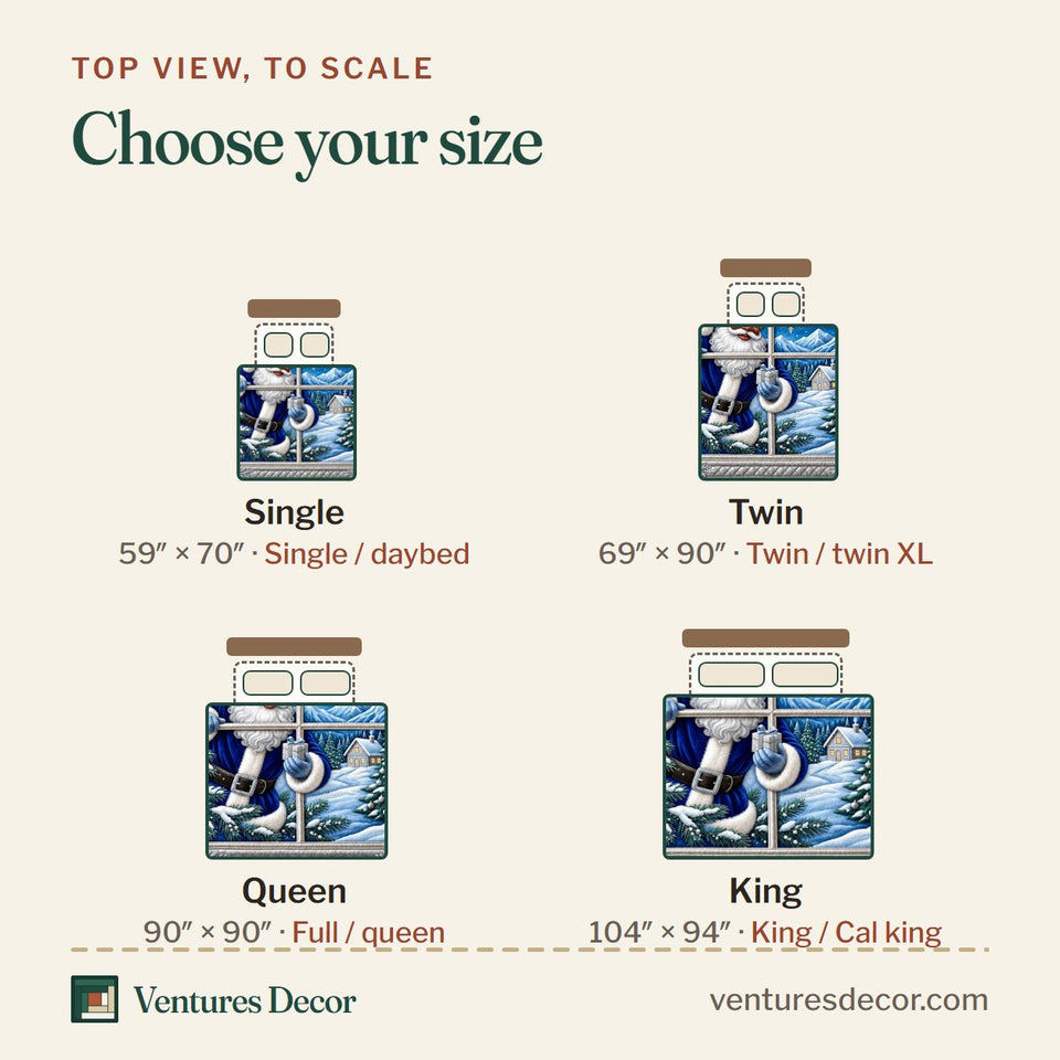 Size guide for the Christmas Winter Santa Quilt Set, 3-Piece Quilted Bedding with 2 Pillow Shams quilt, top view to scale: Single 59 x 70 in, Twin 69 x 90 in, Queen 90 x 90 in, King 104 x 94 in
