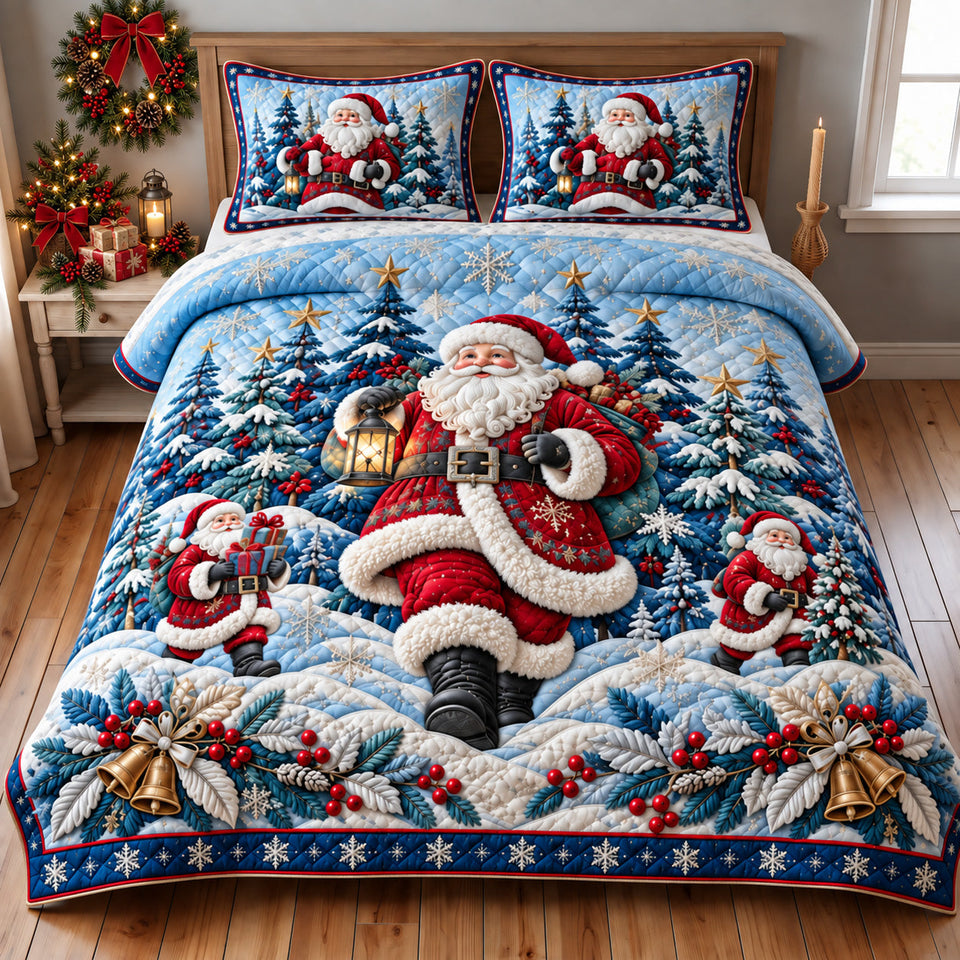 Winter Santa quilted bedding set, quilt and two pillow shams on a made bed