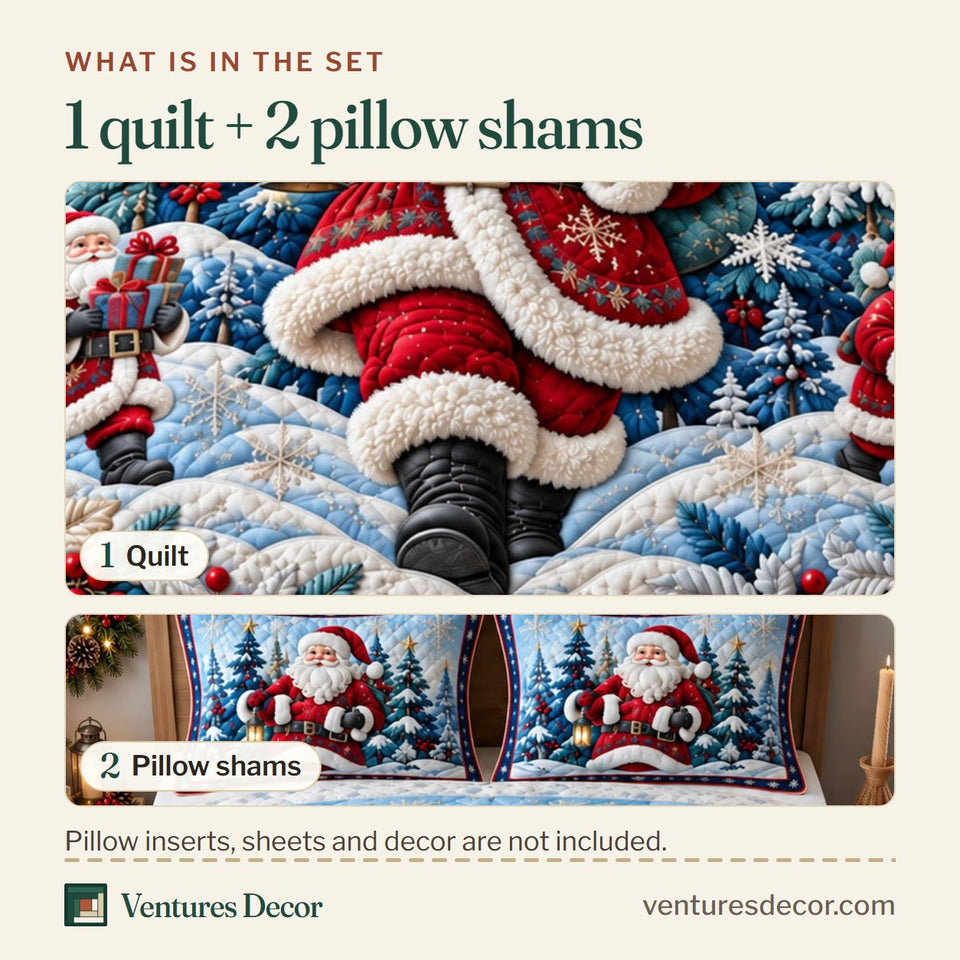What is in the set: one quilt and two pillow shams, shown in the Christmas Winter Santa Quilt Set, 3-Piece Quilted Bedding with 2 Pillow Shams design