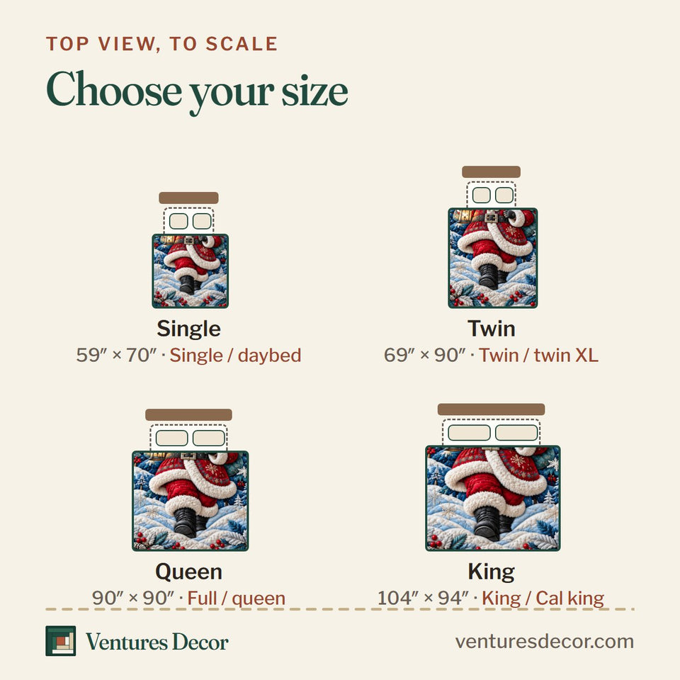 Size guide for the Christmas Winter Santa Quilt Set, 3-Piece Quilted Bedding with 2 Pillow Shams quilt, top view to scale: Single 59 x 70 in, Twin 69 x 90 in, Queen 90 x 90 in, King 104 x 94 in