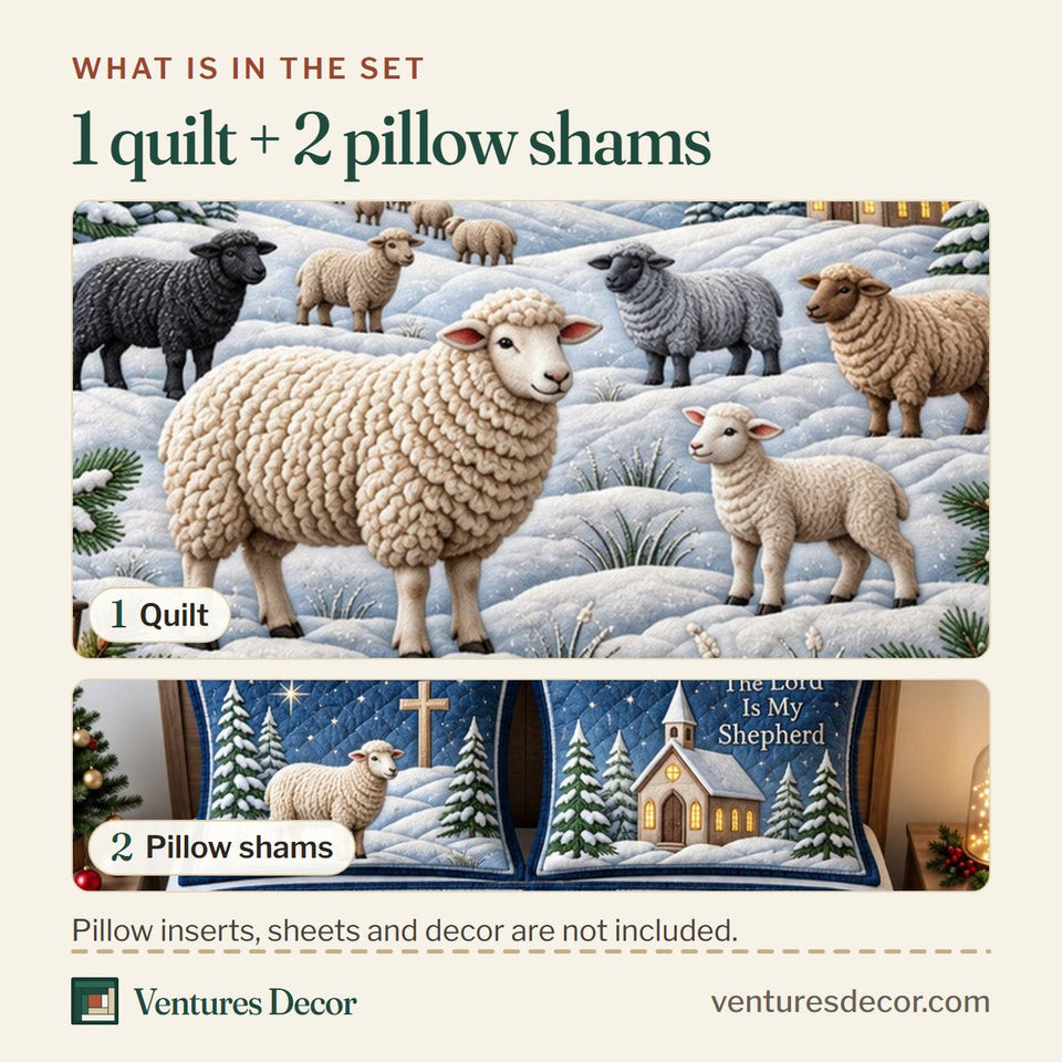 What is in the set: one quilt and two pillow shams, shown in the Winter Shepherd design