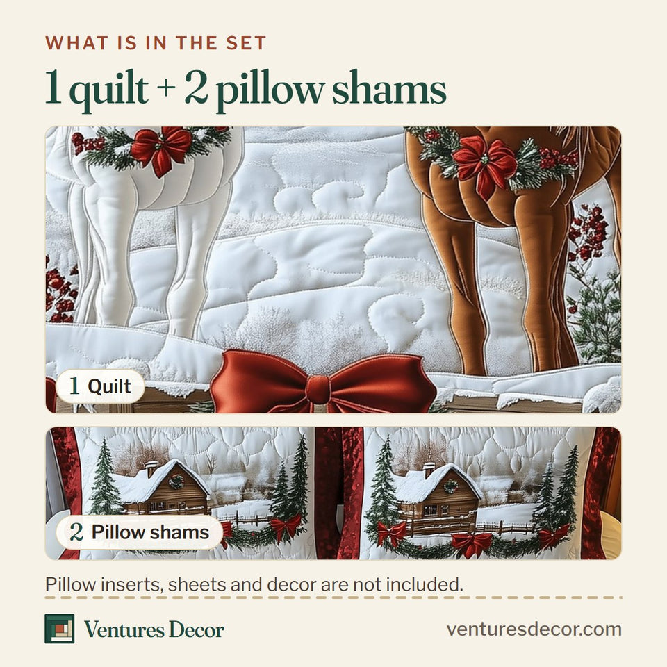 What is in the set: one quilt and two pillow shams, shown in the Winter Stable Horse Romance design