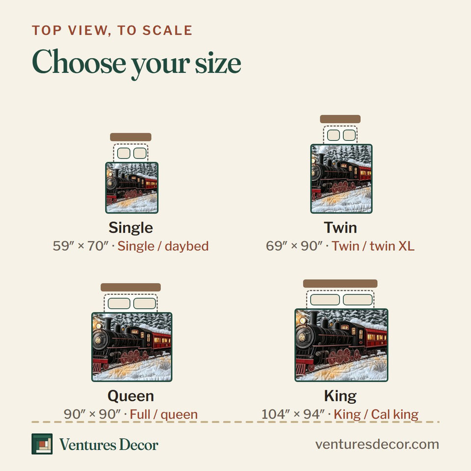 Size guide for the Winter Train quilt, top view to scale: Single 59 x 70 in, Twin 69 x 90 in, Queen 90 x 90 in, King 104 x 94 in