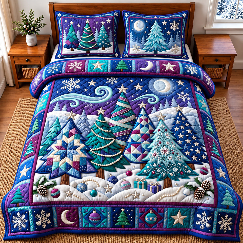 Winter Tree quilted bedding set, quilt and two pillow shams on a made bed