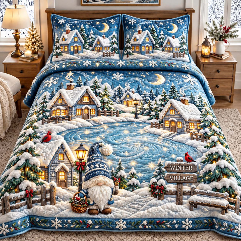 Winter Village Gnome quilted bedding set, quilt and two pillow shams on a made bed