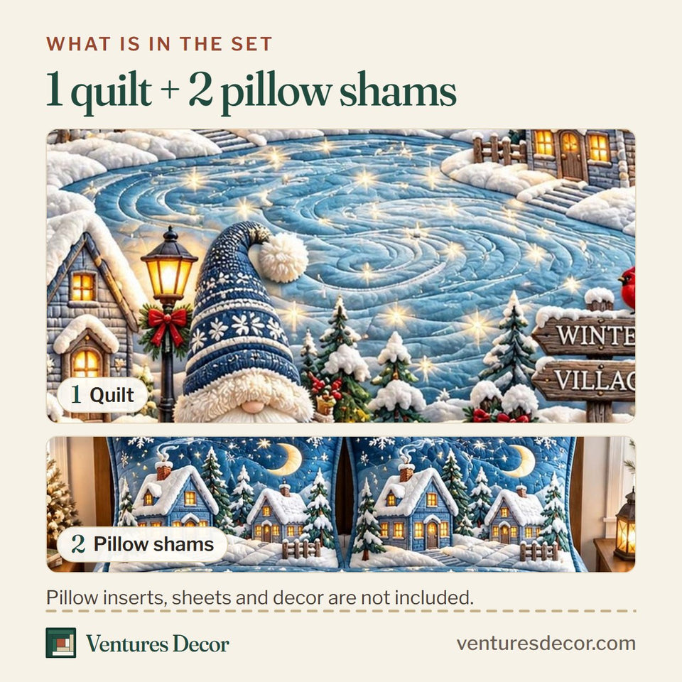 What is in the set: one quilt and two pillow shams, shown in the Winter Village Gnome Quilt Set, 3-Piece Quilted Bedding with 2 Pillow Shams design