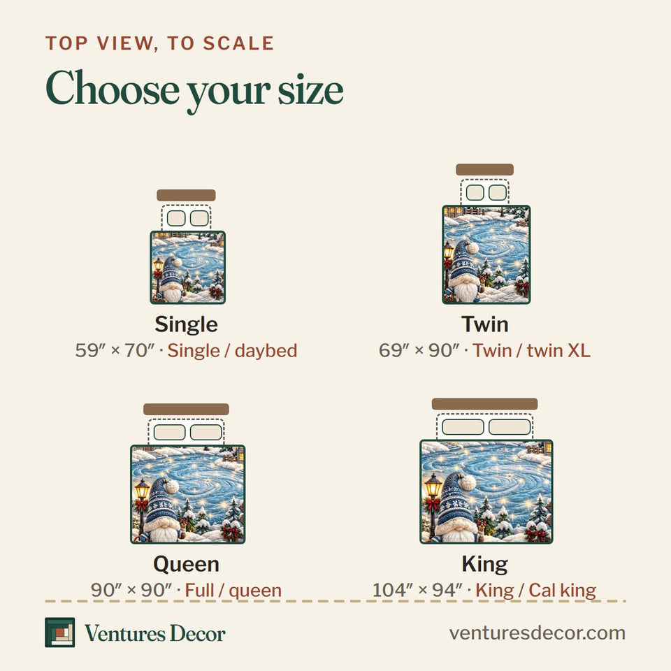 Size guide for the Winter Village Gnome Quilt Set, 3-Piece Quilted Bedding with 2 Pillow Shams quilt, top view to scale: Single 59 x 70 in, Twin 69 x 90 in, Queen 90 x 90 in, King 104 x 94 in