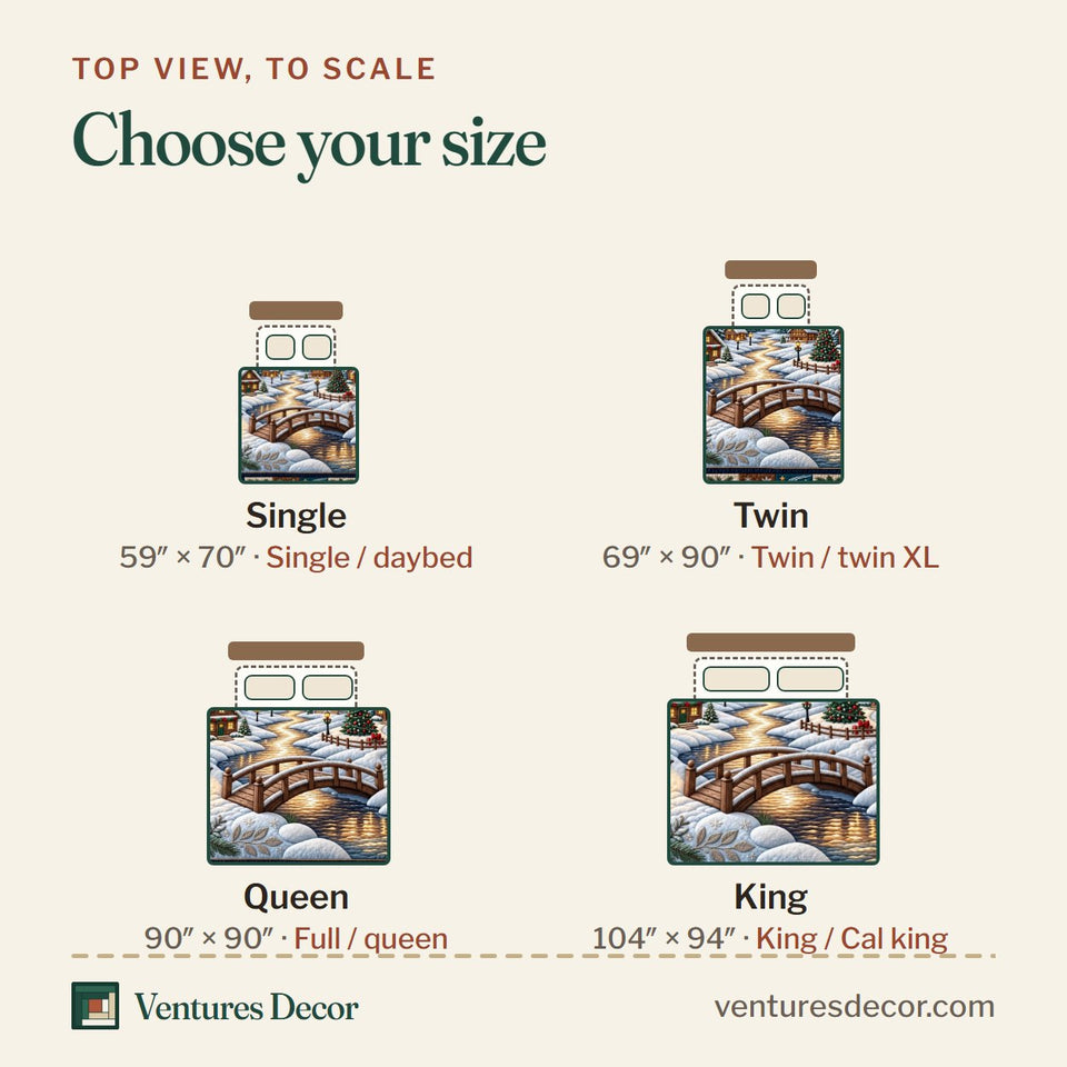 Size guide for the Winter Village quilt, top view to scale: Single 59 x 70 in, Twin 69 x 90 in, Queen 90 x 90 in, King 104 x 94 in