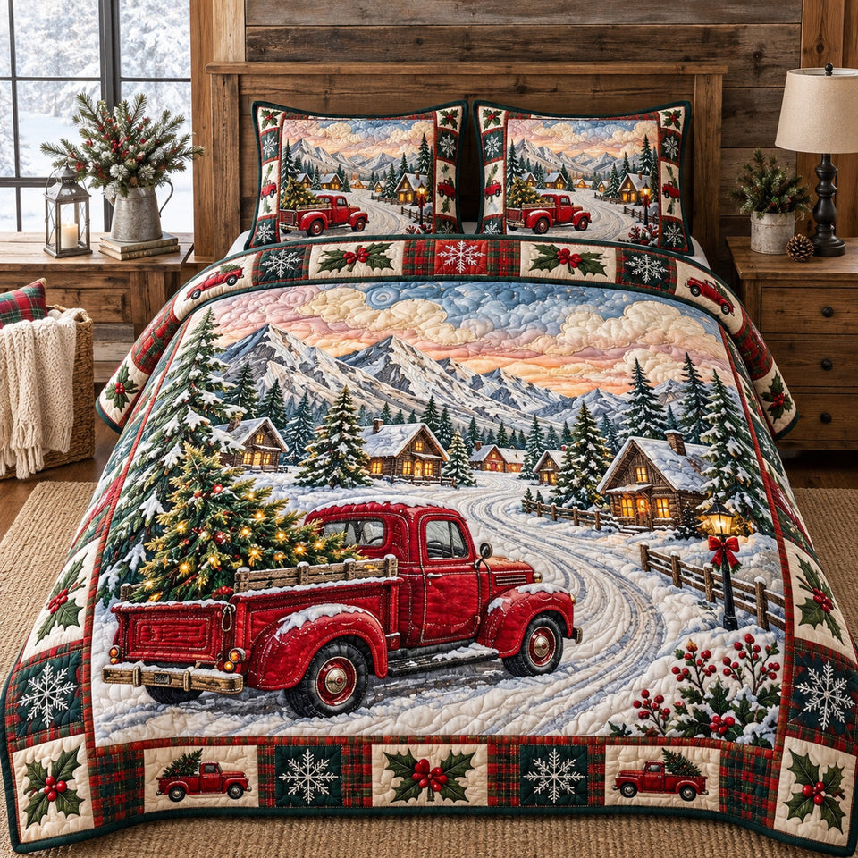 Winter Village Truck quilted bedding set, quilt and two pillow shams on a made bed