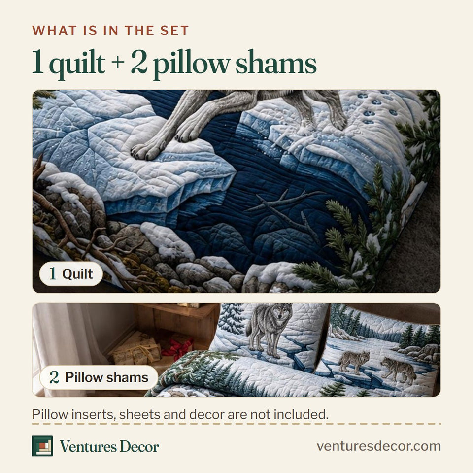 What is in the set: one quilt and two pillow shams, shown in the Winter Wolf design