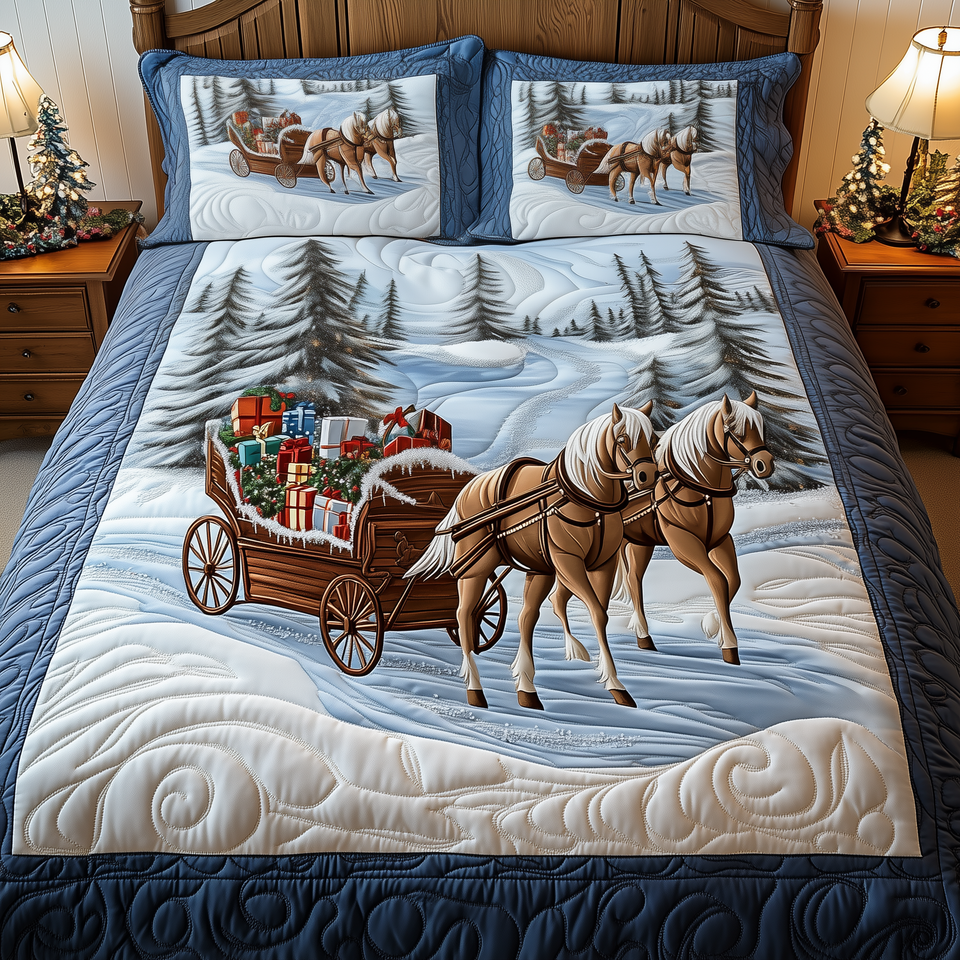 Winter Wonderland Carriage Ride quilted bedding set, quilt and two pillow shams on a made bed