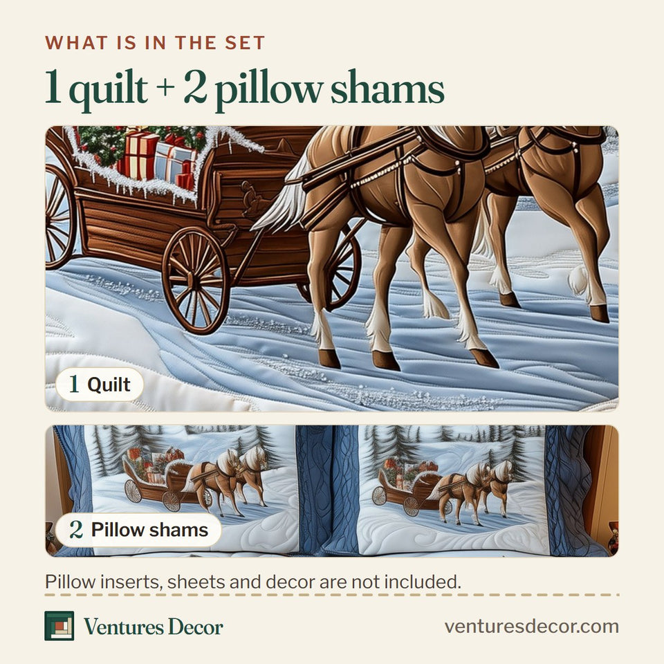 What is in the set: one quilt and two pillow shams, shown in the Winter Wonderland Carriage Ride design