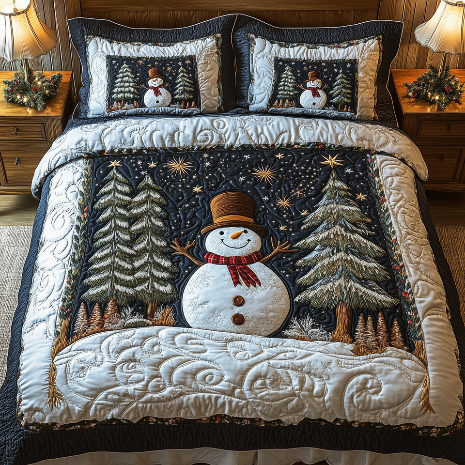 Winter Wonderland Swirled Bank Snowman quilted bedding set, quilt and two pillow shams on a made bed