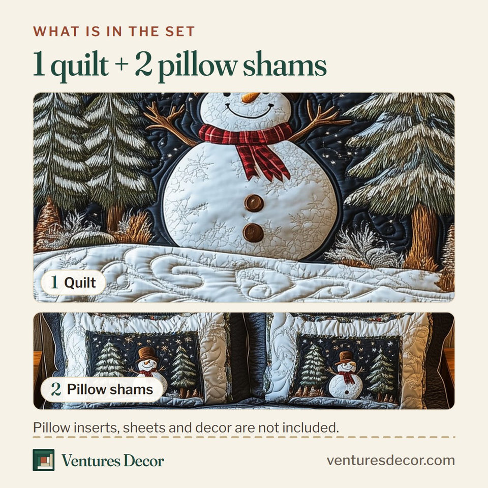 What is in the set: one quilt and two pillow shams, shown in the Winter Wonderland Swirled Bank Snowman design