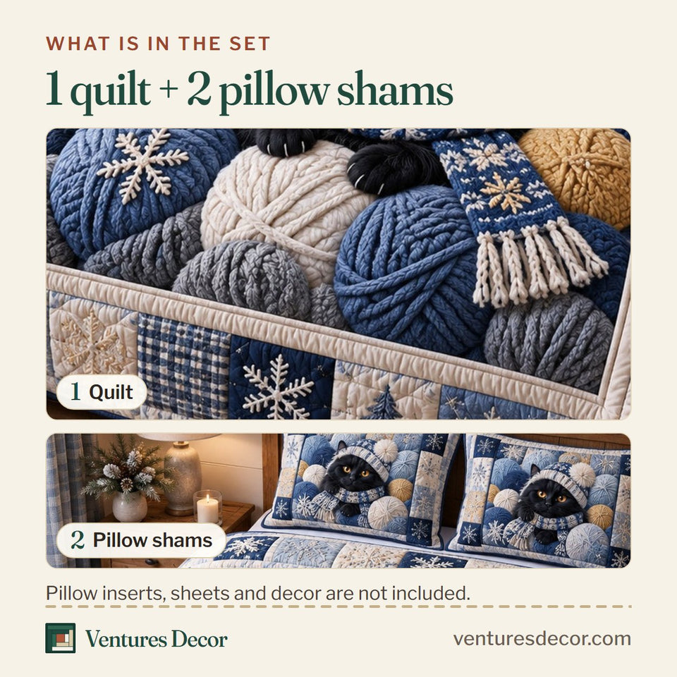 What is in the set: one quilt and two pillow shams, shown in the Winter Yarn Cat design