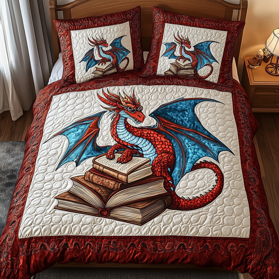 Wisdom Dragon Book Hoard quilted bedding set, quilt and two pillow shams on a made bed