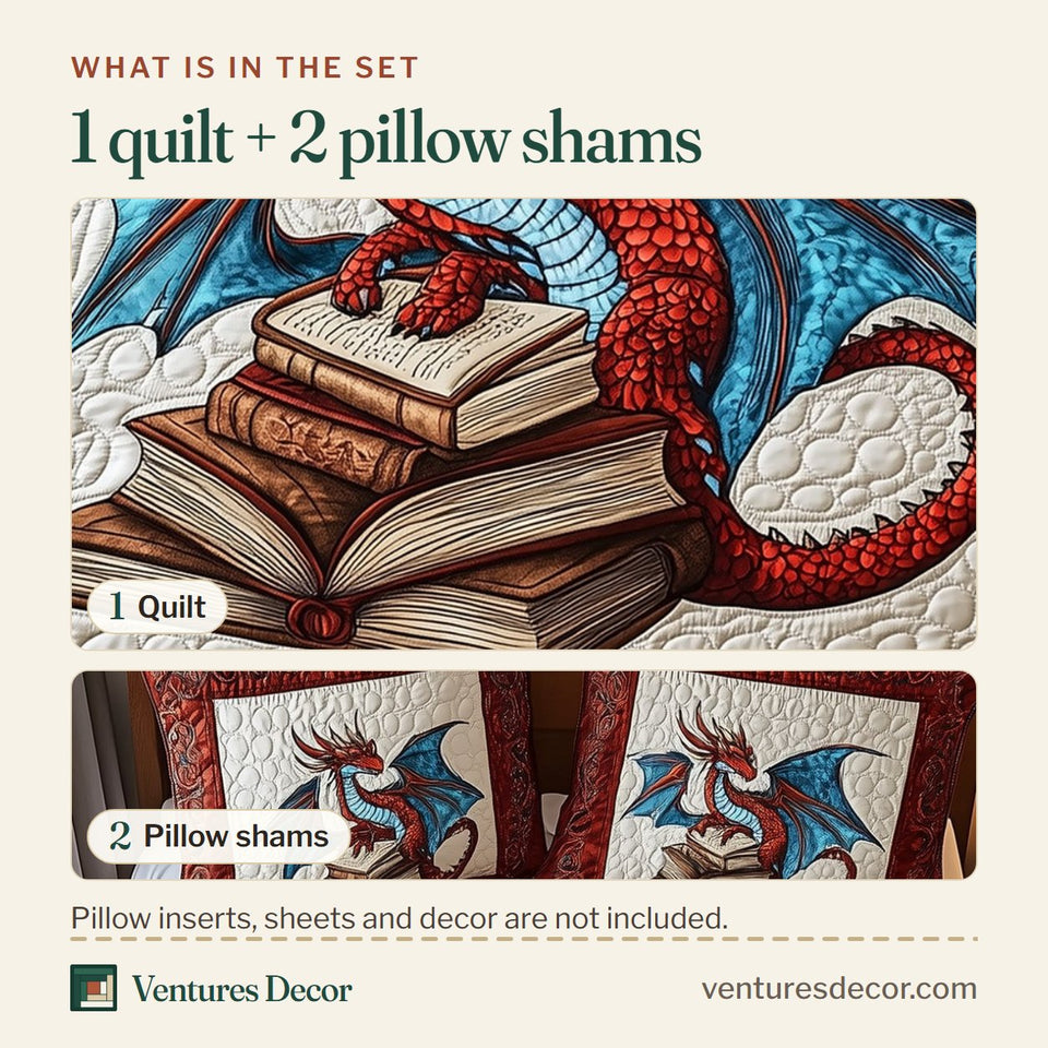 What is in the set: one quilt and two pillow shams, shown in the Wisdom Dragon Book Hoard design