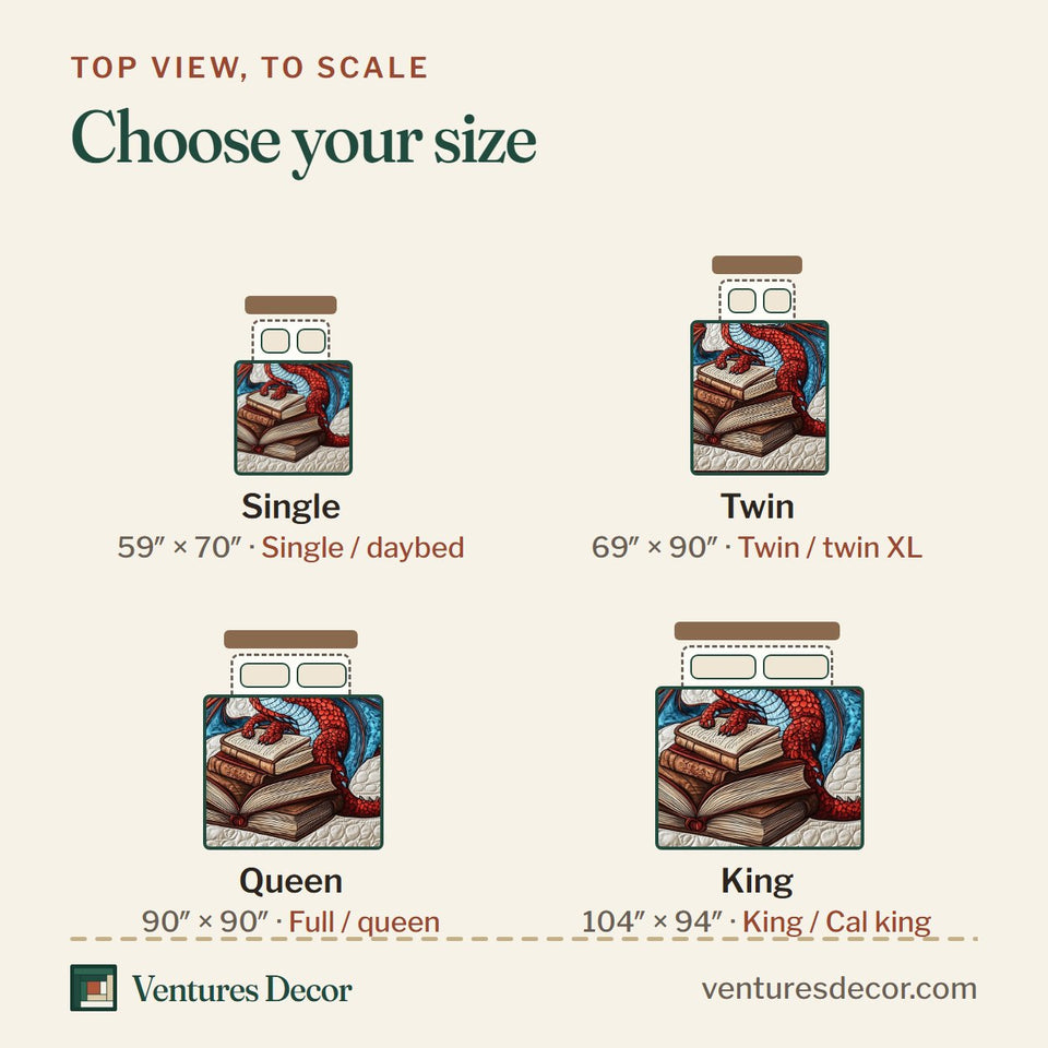 Size guide for the Wisdom Dragon Book Hoard quilt, top view to scale: Single 59 x 70 in, Twin 69 x 90 in, Queen 90 x 90 in, King 104 x 94 in