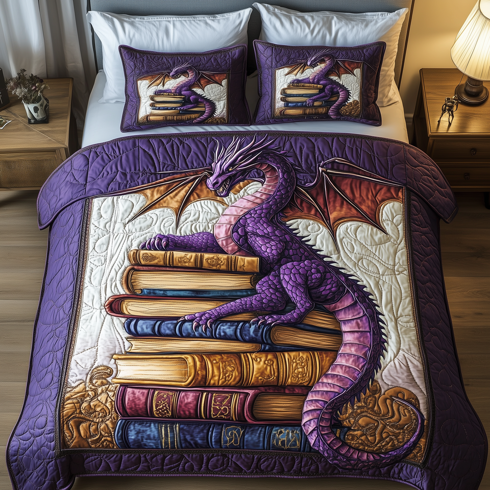 Wisdom Dragon Orange Wings On Bright Spines quilted bedding set, quilt and two pillow shams on a made bed