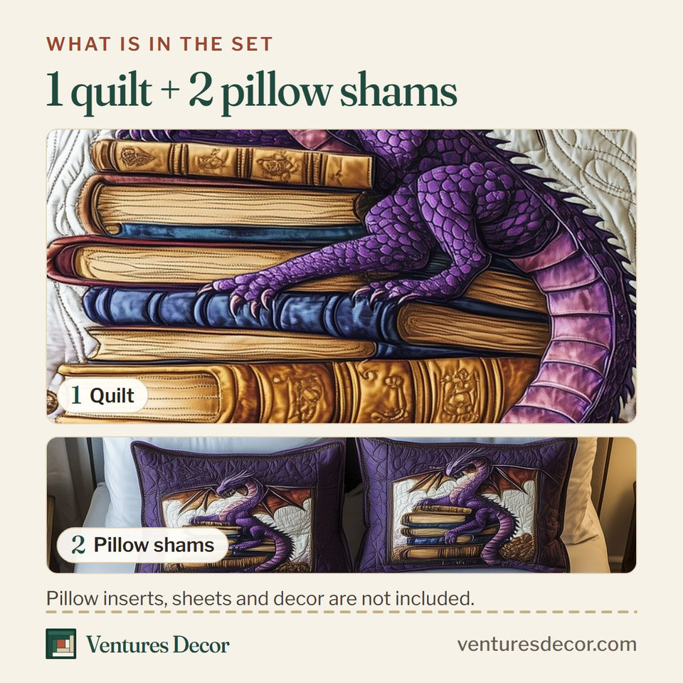 What is in the set: one quilt and two pillow shams, shown in the Wisdom Dragon Orange Wings On Bright Spines design
