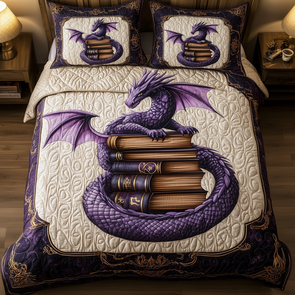 Wisdom Dragon Tail Around The Stack quilted bedding set, quilt and two pillow shams on a made bed
