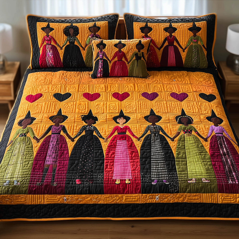 Wisdom Squad Bright Gowns And Heart Row quilted bedding set, quilt and two pillow shams on a made bed