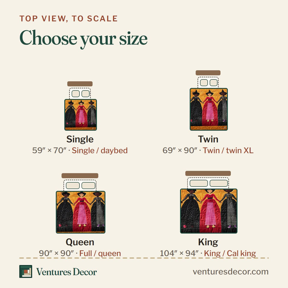 Size guide for the Wisdom Squad Bright Gowns And Heart Row quilt, top view to scale: Single 59 x 70 in, Twin 69 x 90 in, Queen 90 x 90 in, King 104 x 94 in
