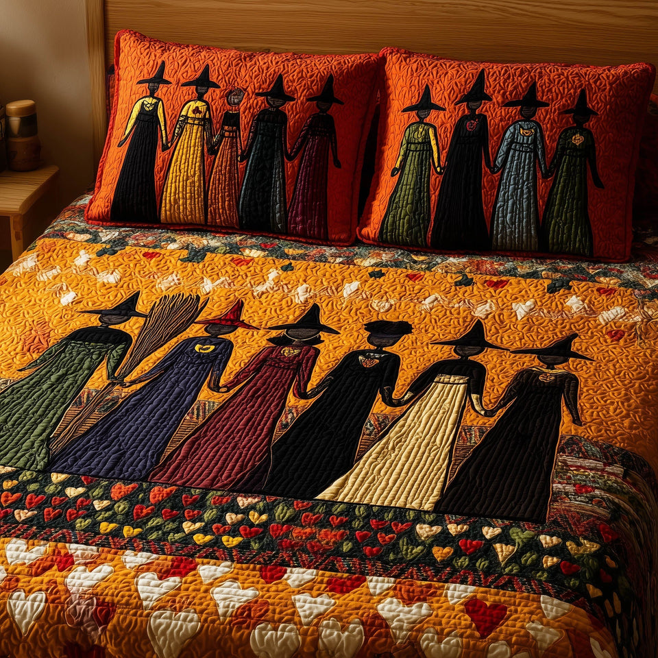Wisdom Squad Jewel Gowns Heart Strip quilted bedding set, quilt and two pillow shams on a made bed