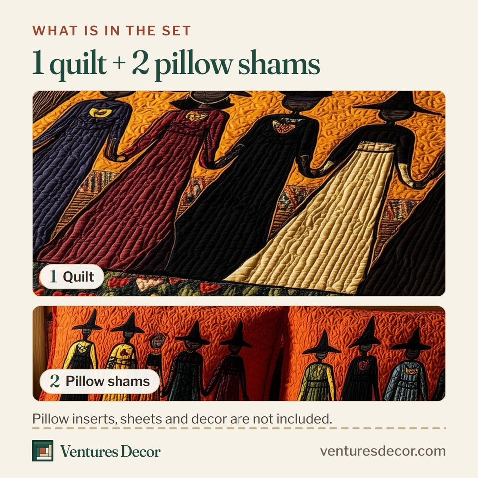 What is in the set: one quilt and two pillow shams, shown in the Wisdom Squad Jewel Gowns Heart Strip design