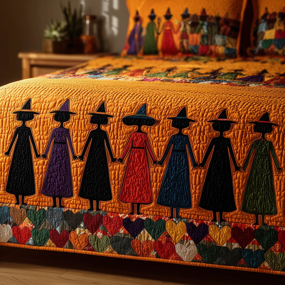 Wisdom Squad Pumpkin Border In Gold quilted bedding set, quilt and two pillow shams on a made bed