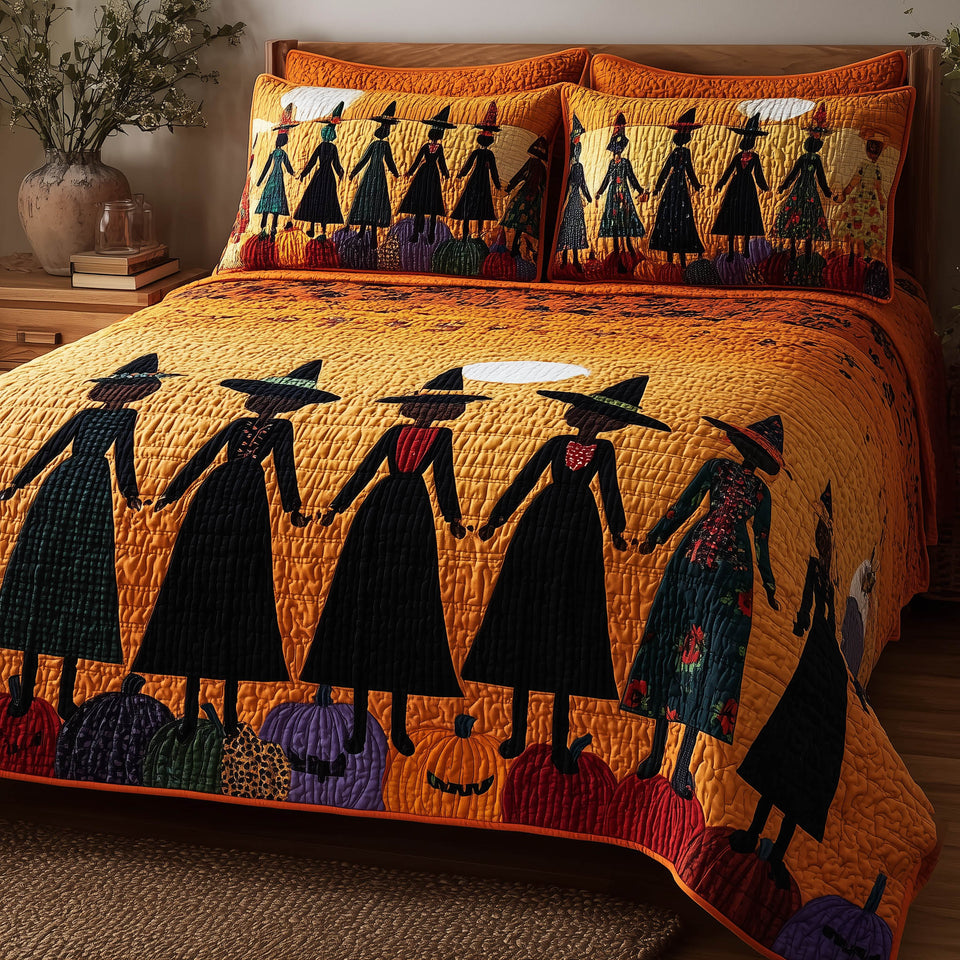 Wisdom Squad Tall Black Gowns quilted bedding set, quilt and two pillow shams on a made bed